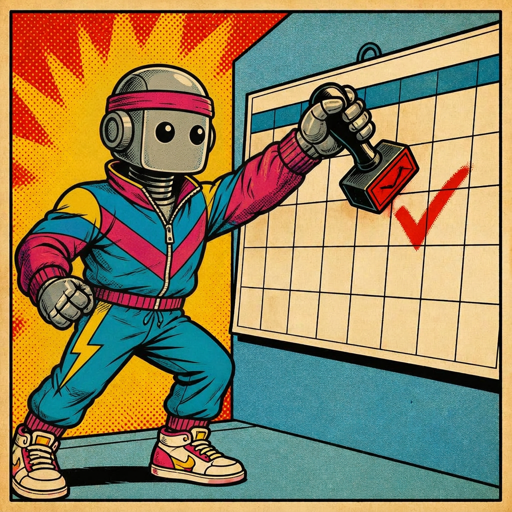 Comic panel of a robot assistant marking a time on a calendar