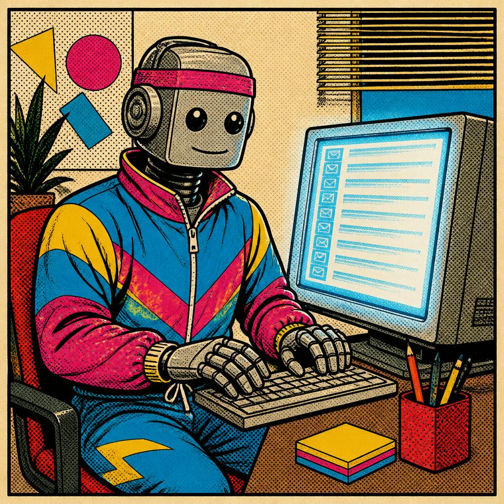 Comic panel of a robot assistant inspecting an email envelope