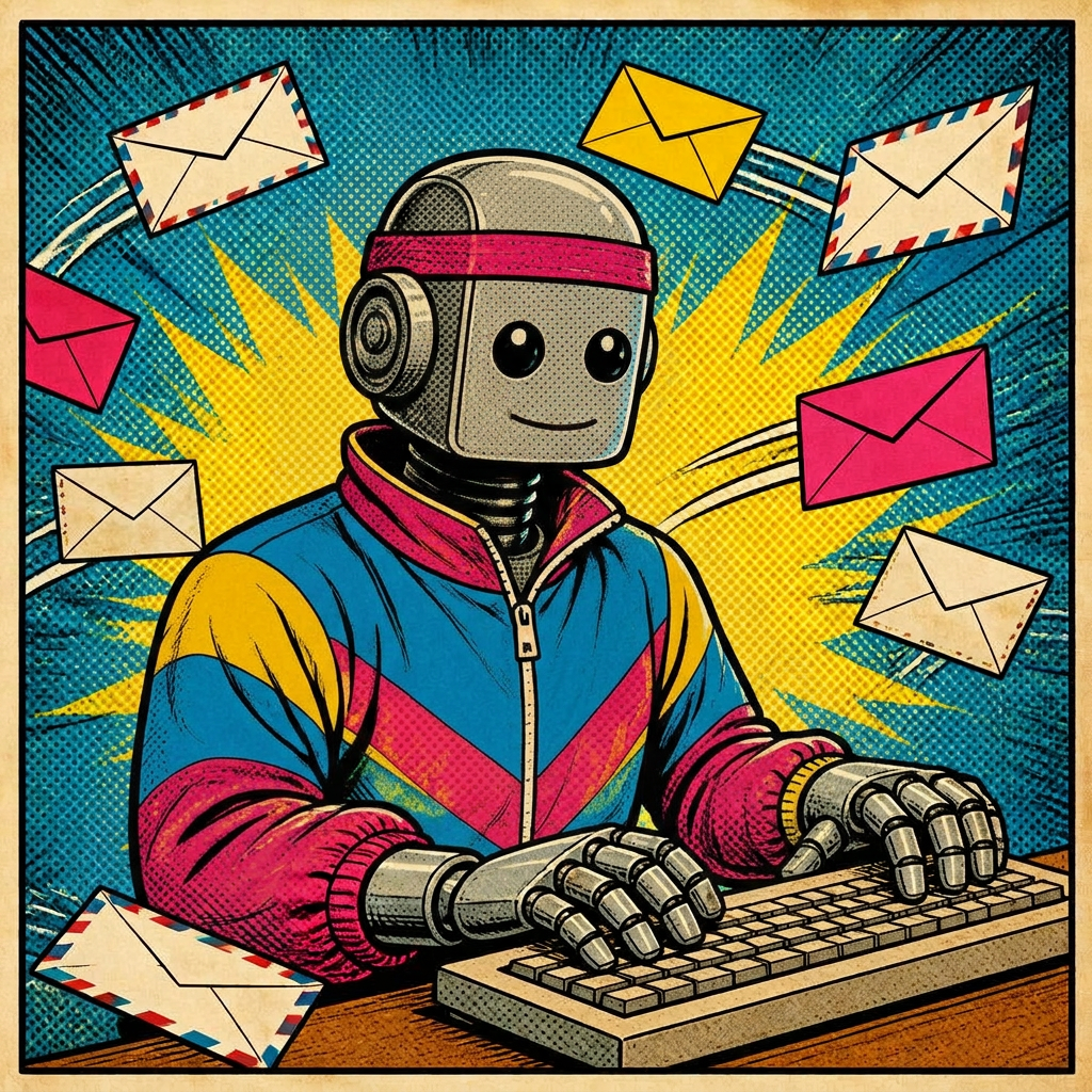 Comic panel of a robot assistant replying to emails